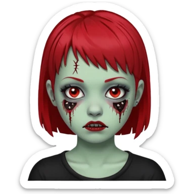 White girl, zombie, micro bangs, short hair, black and red hair, bridge piercing sticker
