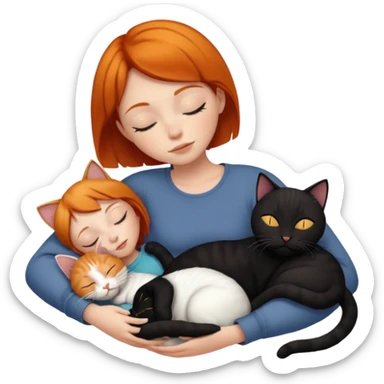 Ginger Girl short hair sleeping with two cats a black and a whole white bigger cat  sticker