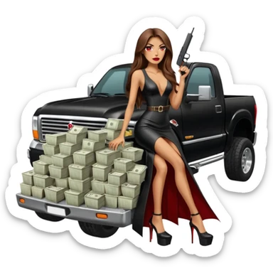 Lilith symbol red eye seductress evil long brown haired sexy succubus woman with leather long dress with slit, sitting in Big Large F350 pickup truck. Black Platform high heels on feet. Back of truck full of stacks of cash, sitting behind her is  a human skull with a gun in other hand sticker