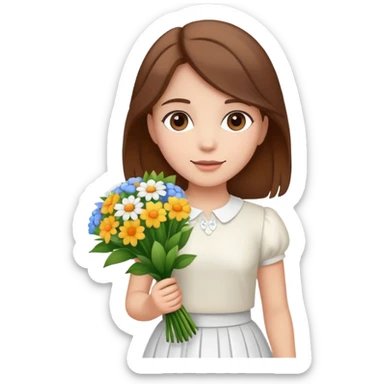 girl with brown hair wearing a white skirt holding a bouquet of flowers sticker