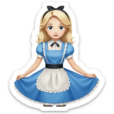 Disney's Alice in Wonderland curtseying in her blue dress with white apron, blonde hair with headband sticker