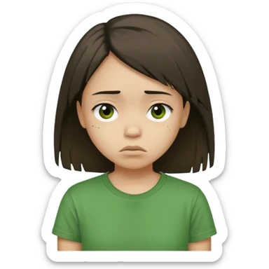 Young girl with straight, dark, damaged, and unkempt hair, wearing a green T-shirt, with a sad and discouraged expression. sticker