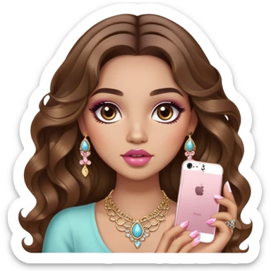 Light skinned girl, long wavy brown hair center-part with face framing pieces, big hazel eyes, lots of jewelry, trendy cute top, prominent blush, sassy, big lips, makeup, fancy long acrylic nails done, holding makeup. She is curvy sticker