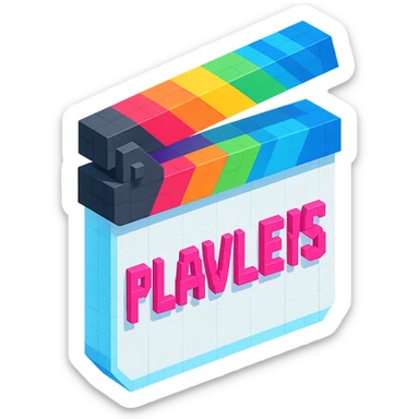 voxel style movie clapperboard, white body, colorful lid, pink text 'PLAVLEYS', isometric view sticker