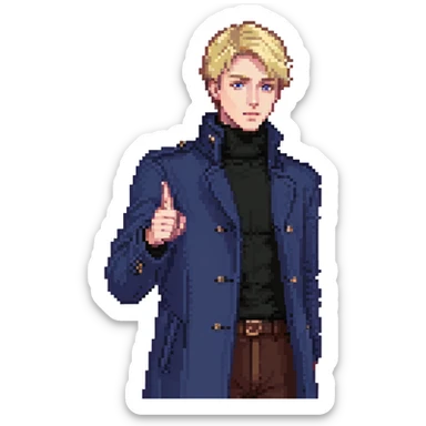 Flat pixel art, bold and charismatic male leader, Caucasian, short neat blonde hair, sharp eyes, indigo coat over black turtleneck, one arm raised pointing out, waist-up, front-facing sticker