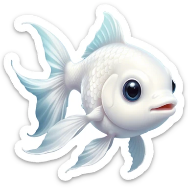 Cinematic Cute White Goldfish Portrait Emoji, Head tilted playfully and inquisitively, featuring a glossy, pure white body with delicate, shimmering scales and round, sparkling pale eyes filled with curiosity, Simplified yet irresistibly adorable features, highly detailed, glowing with a warm, friendly glow, high shine, affectionate and lively, stylized with a touch of whimsy, bright and endearing, soft glowing outline, capturing the essence of a mischievous yet loving goldfish, so playful it feels like it could swim out of the screen and into your heart! sticker