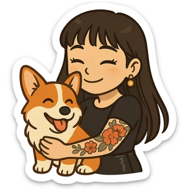 Ghibli-style emoji of an Asian girl with long hair and wispy bangs, black leather dress, gold earrings, subtle false lashes, and a 3/4 sleeve tattoo with flowers on her left arm, hugging a cheerful red head tri-color corgi, simplified, emoji-like sticker