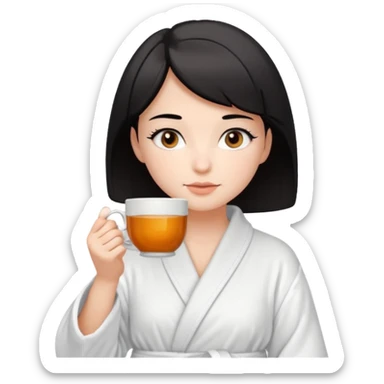 White girl with brown eyes and short black hair drinking a cup of tea in a bathrobe sticker