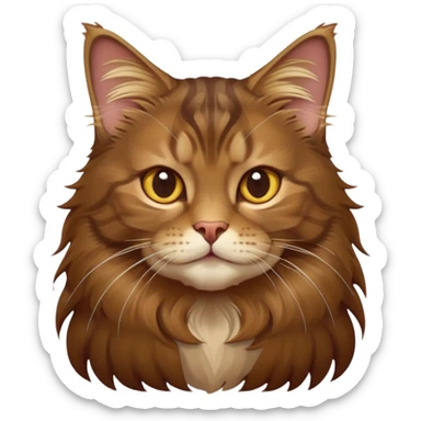cinematic-cute brown-maine-coon-cat-portrait-emoji,-head-tilted-playfully-and-inquisitively,-sleek--brown-and-gold-tones-with-hints-of-deep-auburn-fur,-simplified-yet-adorable-features,-highly-detailed,-glowing-with-a-warm,-friendly-glow  sticker