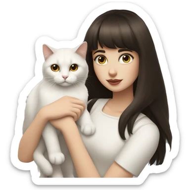 A pale girl with dark brown hair and dark brown eyes and bangs holds a white cat in her hands and looks at cat sticker