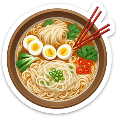 Yunnan Crossing the Bridge Rice Noodles with separate ingredients and hot broth, simplified emoji style with bold outlines and bright colors, cartoon style traditional Guo Qiao Mi Xian sticker