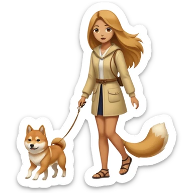 Long-haired beautiful girl walking the Shiba Inu sticker