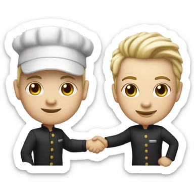 restaurant owner with white skin, and blogger with white skin, shaking hands in great detail sticker