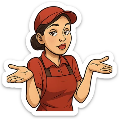 В позе этого мема сгенерируй типичную молодую российскую продавшицу в продуктовом магазине c слегка увеличенным губами, накрашенными глазами, которая недоуменно но при этом хитровато разводит руками, слегка рисованный, но при этом объемный стиль, прозрачный фон sticker