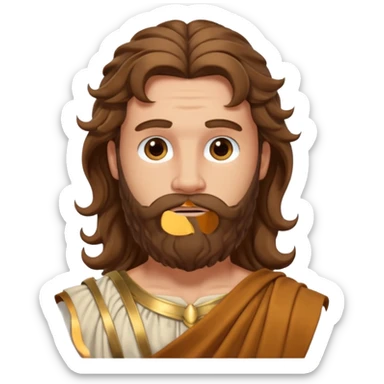 Hercules from The Olympians with long brown wavy hair and beard, bronze toga sticker
