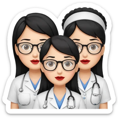 Genera emogis de 4 cuatro enfermeras de cabello negro largo, entre ellas que una tenga lentes y otra un lunar encima de los labios sticker