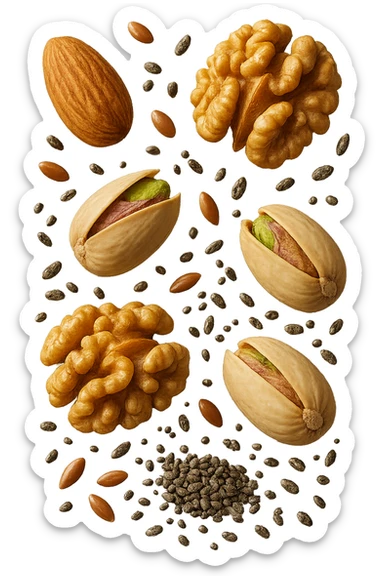 Mandorle, noci, pistacchi, semi di lino e di chia FLUTTUANO IN ARIA, IPERREALISTICO 4K sticker