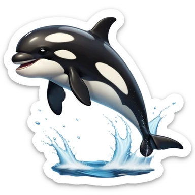 Meme-Worthy Breaching orca Portrait Emoji, Bursting powerfully out of the ocean with an impressive, high-energy leap, showcasing a sleek black-and-white body glistening with water droplets and dynamic, arched posture, Simplified yet exhilaratingly expressive features, highly detailed, glowing with a vibrant marine energy, high shine, bold and full of life, stylized with an air of untamed ocean spirit, soft glowing outline, capturing the essence of an orca mid-breach, radiating pure, unstoppable aquatic power! sticker