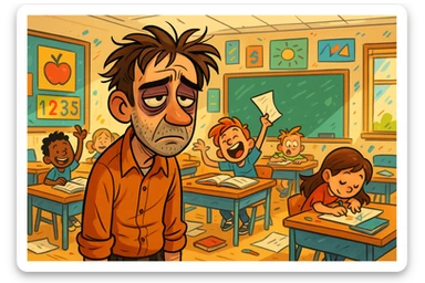 digital cartoon art of a exhausted teacher in a bustling classroom sticker