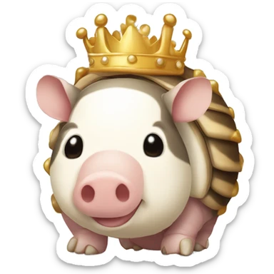 Beige and white piebald chubby round armadillo pig panda centipede armadillo wearing a crown sticker
