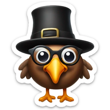 Turkey wearing thick glasses and a pilgrim hat sticker