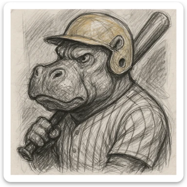 hippo holding a baseball bat, wearing a yellow helmet, pinstripes outfit sticker