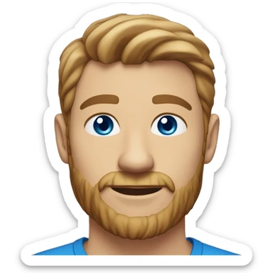 A head and shoulders shot of a 33 year old White man, with short brown hair, with stubble facial hair,   with blue eyes wearing a t-shirt. sticker