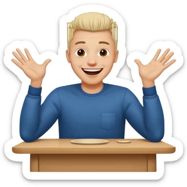 A man is laughing with his head siting on the table and his both hands are knocking the table sticker