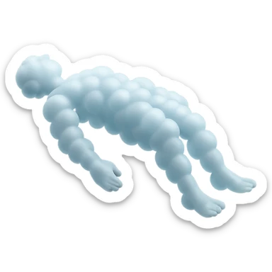 side view of unconscious person flying torso up, legs and arms down, made of small very bright white fluffy convex clouds, matte glass style sticker
