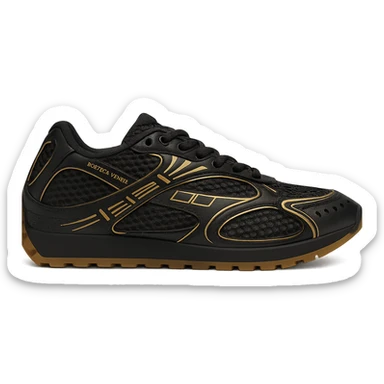 Recreate the Bottega Veneta Orbit sneaker in black with gold accents, keeping the exact design and details, side view, clean background, in a realistic and detailed style. sticker