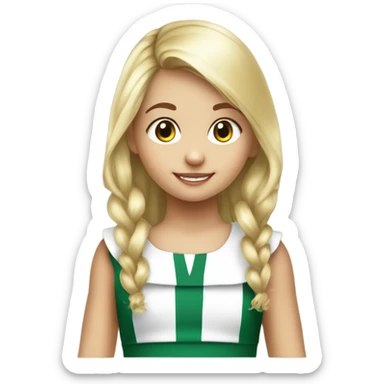 niña pequeña con melena por los hombros rubia y flequillo. Ropa babero de colegio a cuadros verde y blanco sticker