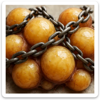 hyper realistic 4K adipocytes with visible lipid droplets, blocked by chains, microscopic details, neutral background sticker