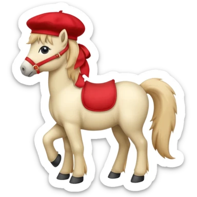 A cute pony (horse) emoji, full body, standing in side view, wearing a stylish red beret. sticker