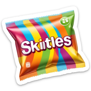 A Skittles candy package with clear adhesive tape wrapped around it, colorful rainbow packaging, minimalist design, sealed with scotch tape sticker