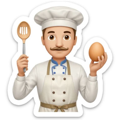 Middle aged male pastry chef - with a mustache, apron, white hat, and holding an egg beater in one hand sticker