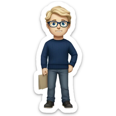 caucasian white boy with dark wavy  hair, blue glasses, and carrying design paper plan because he is an architect carrying a pencil and a set model maquette. wearing a navy blue long sleeve sweater shirt. smart.  sticker