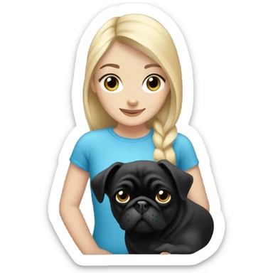 Girl with blonde hair and blue eyes holding a black pug sticker