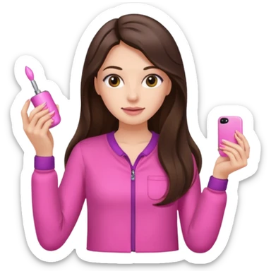 Brunette long hair woman with pink clothes doing manicure sticker