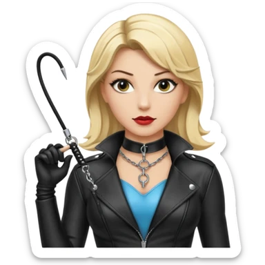 Dominatrix with blonde hair, leather outfit, long key necklace, and a whip sticker