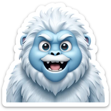 Cinematic Comical Yeti Portrait Emoji, with a cartoonishly exaggerated, fluffy figure in cool, frosty whites and icy blues, head tilted in an overly surprised expression with wide, comically sparkling eyes and a quirky, open-mouthed grin, simplified yet hilariously detailed, glowing with a soft frosty outline capturing the meme-worthy fun of a yeti in playful shock! sticker