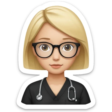 A girl in black scrubs with a blonde bob and glasses minus stethoscope  sticker