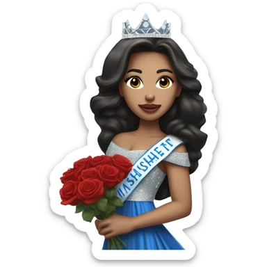 Beauty queen with light skin and dark hair, wearing Miss Massachusetts sash and wearing a crown and blue sparkly dress holding red roses sticker