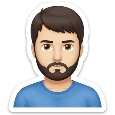 Caucasian Argentine man with straight dark brown hair, loose hairstyle with bangs, short full beard, serious-neutral expression, basic blue t-shirt sticker