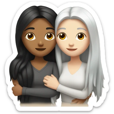 A lesbian couple with white skin and long black hair hugging intimately sticker