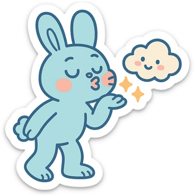 pastel blue bunny with cloud, blowing a kiss with sparkles, pastel-toon style sticker