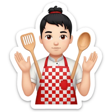 big boy with black hair in a topknot, wearing a white apron with red squares pattern sticker
