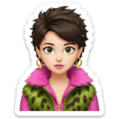 generate a pretty fair bratz girl with dark brown eyes. Dark brown hair tied up in a funky hairstyle. Wearing a green fur jacket, with pink top underneath. Golden earrings sticker