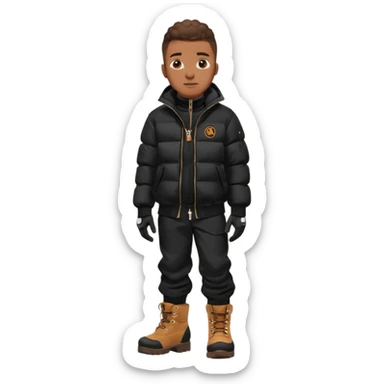 Handsome Black grown man with brown skin tone, wear black joggers, a black bubble coat, and buckwheat timberland boots, and black gloves sticker