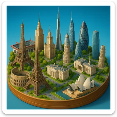 Оставь основу картинки - деревянную подставку, но при этом сгенерируй изометричная, яркая, детализированная и фотореалистичная иллюстрация где будет самые узнаваемые здания мира Эмпайр Стейт Билдинг, Эйфелева башня, Колизей, Сиднейская опера, стадион Сан-Сиро, Белый Дом Пизанская башня, здание МГУ, Бурдж-Халифа, Башни Петронас, Небоскрёб Фостера в Лондоне, Рейхстаг, Тайбэй sticker