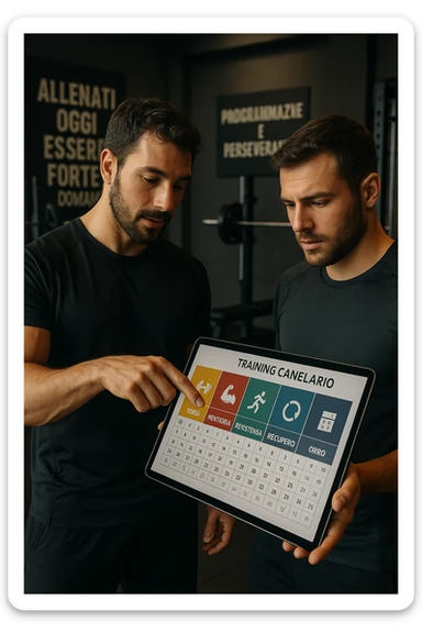 realistic cinematic photo a personal trainer and a client stand in a modern gym, reviewing a large, color-coded training calendario or chart on a tablet. The calendario shows different phases (Forza, Ipertrofia, Resistenza, Recupero) with icons and dates. Around them, gym equipment and motivational posters reinforce the idea of structured, periodized training. in italiano sticker